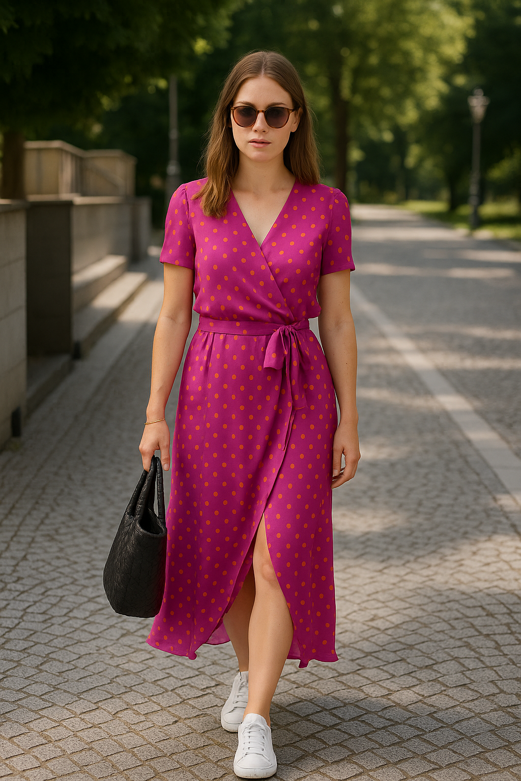 Polka dot maxi dress – Airy dress with V-neck, tie belt & slit 