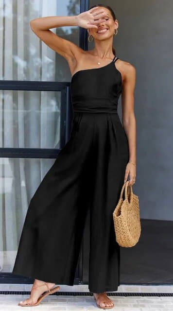 GR | Jumpsuit One Shoulder Asymmetrical Flowy Fit Elegant Wide Legs