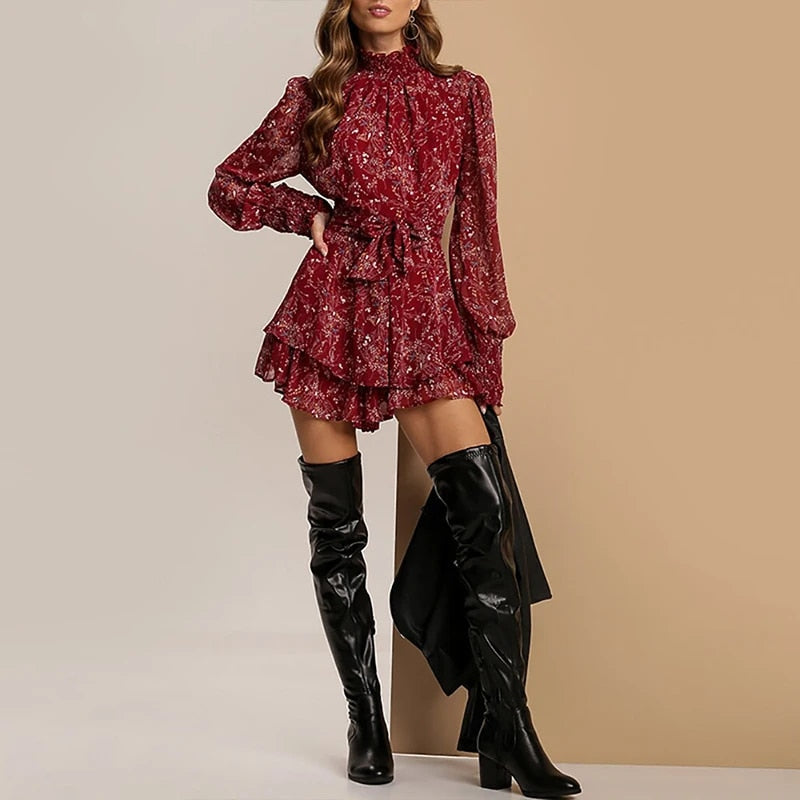 GR | Minikleid mit Gerafftem Rollkragen und Plissiertem Blumenmuster für Damen