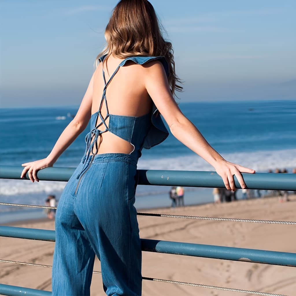 DenimDynasty™ - Denim jumpsuit with open back