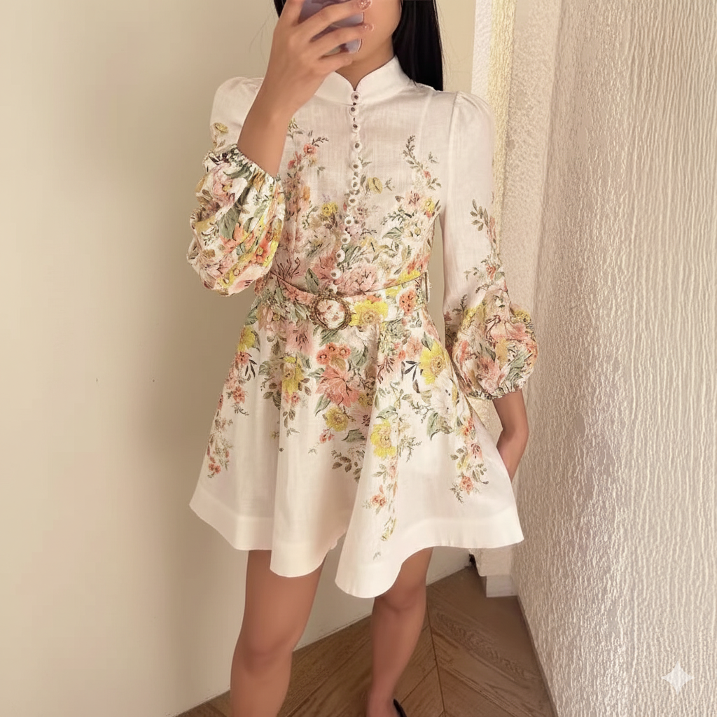 GR | Cotton & Linen Puff Sleeve Floral Belt Dress