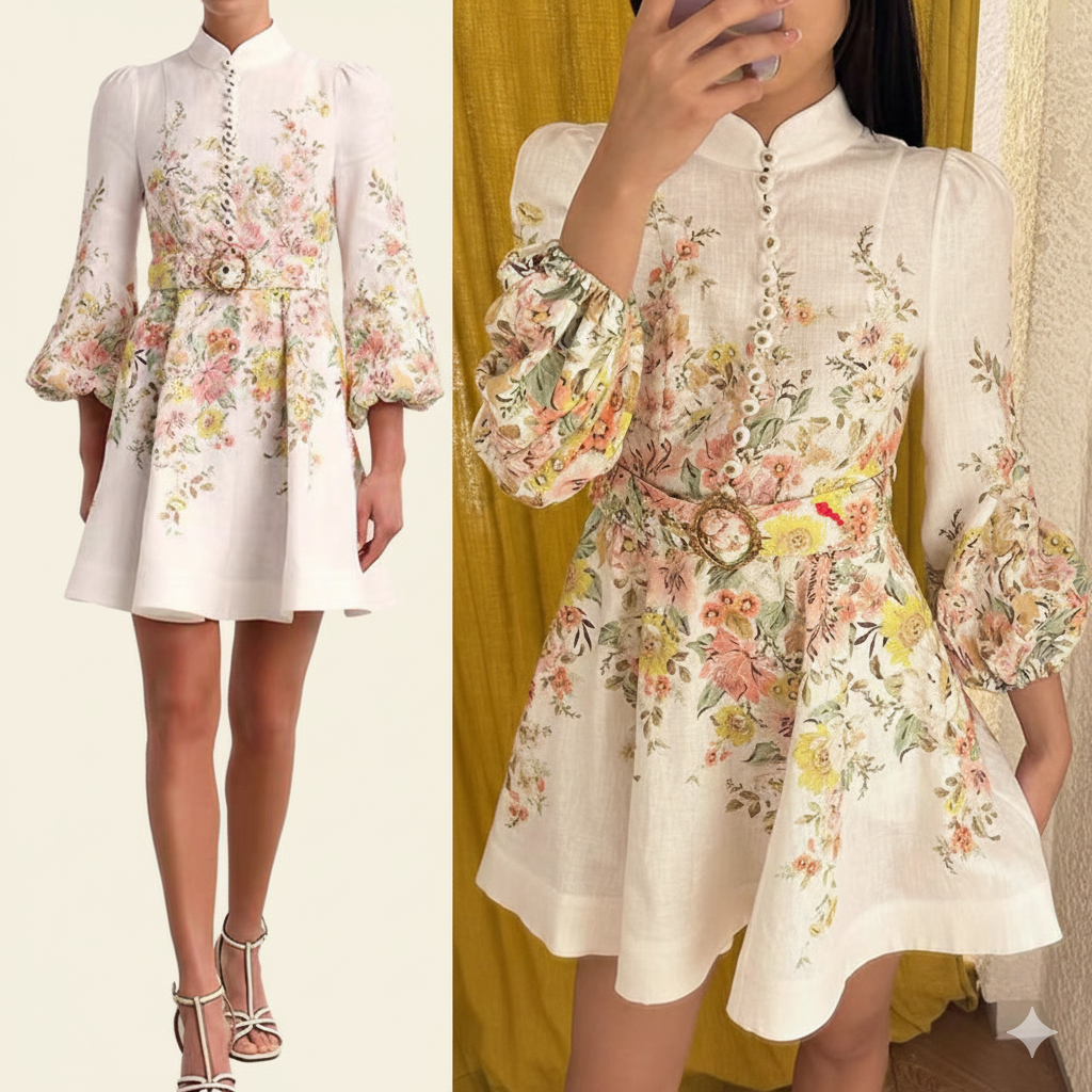 GR | Cotton & Linen Puff Sleeve Floral Belt Dress