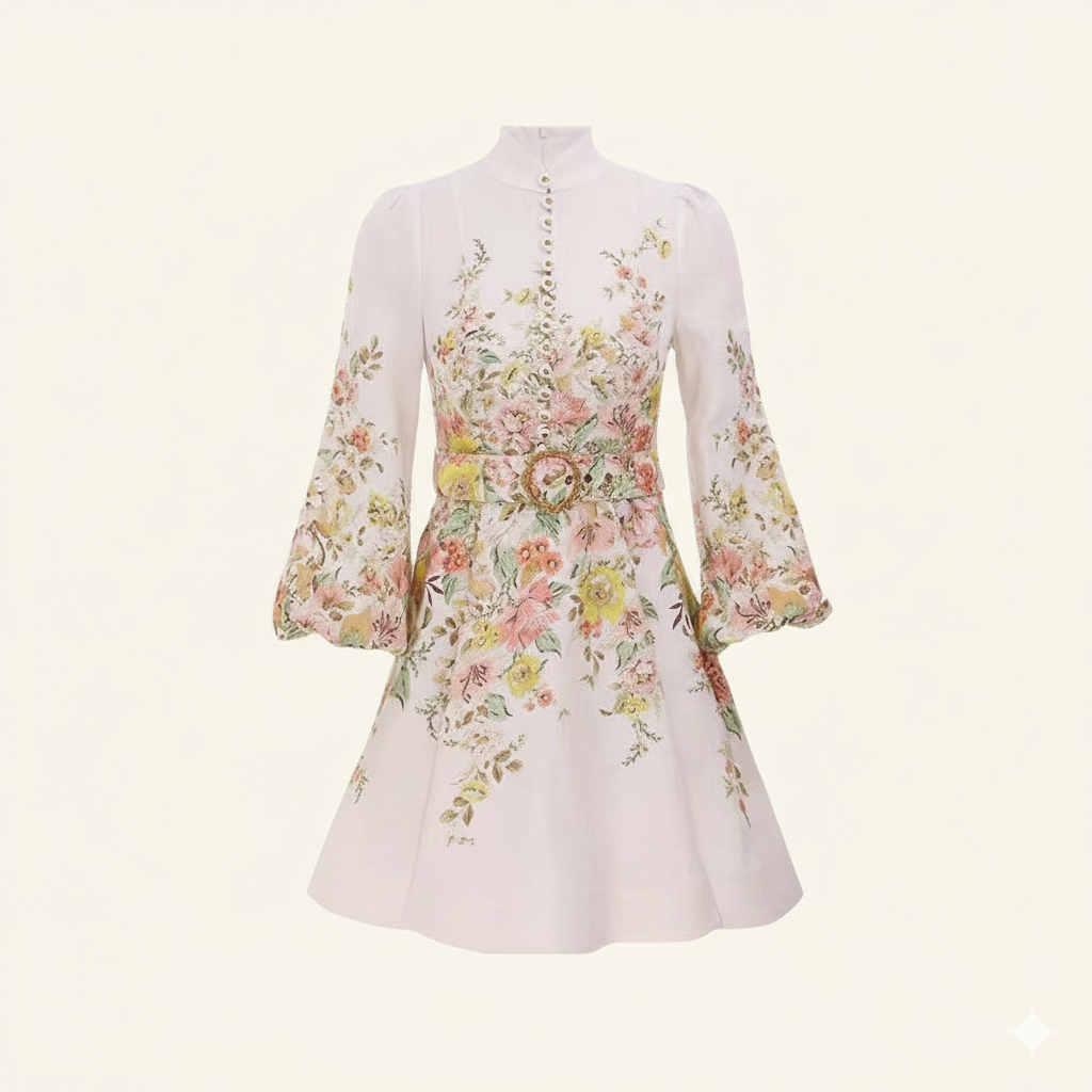 GR | Cotton & Linen Puff Sleeve Floral Belt Dress