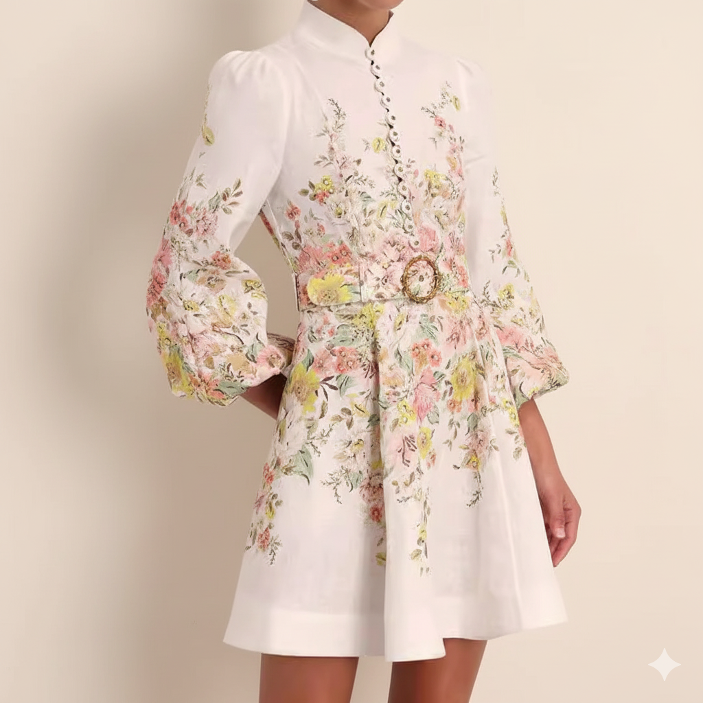 GR | Cotton & Linen Puff Sleeve Floral Belt Dress