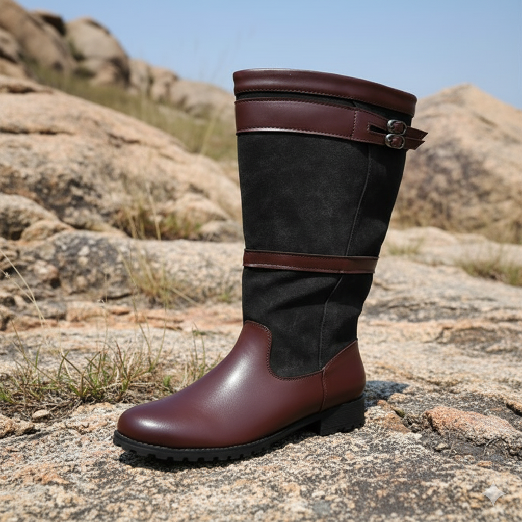GR | High-shaft outdoor boots with buckles - leather rain boots for women