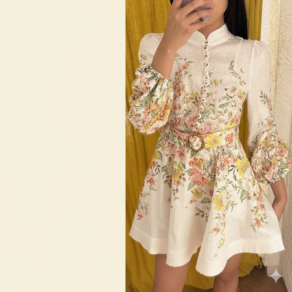 GR | Cotton & Linen Puff Sleeve Floral Belt Dress