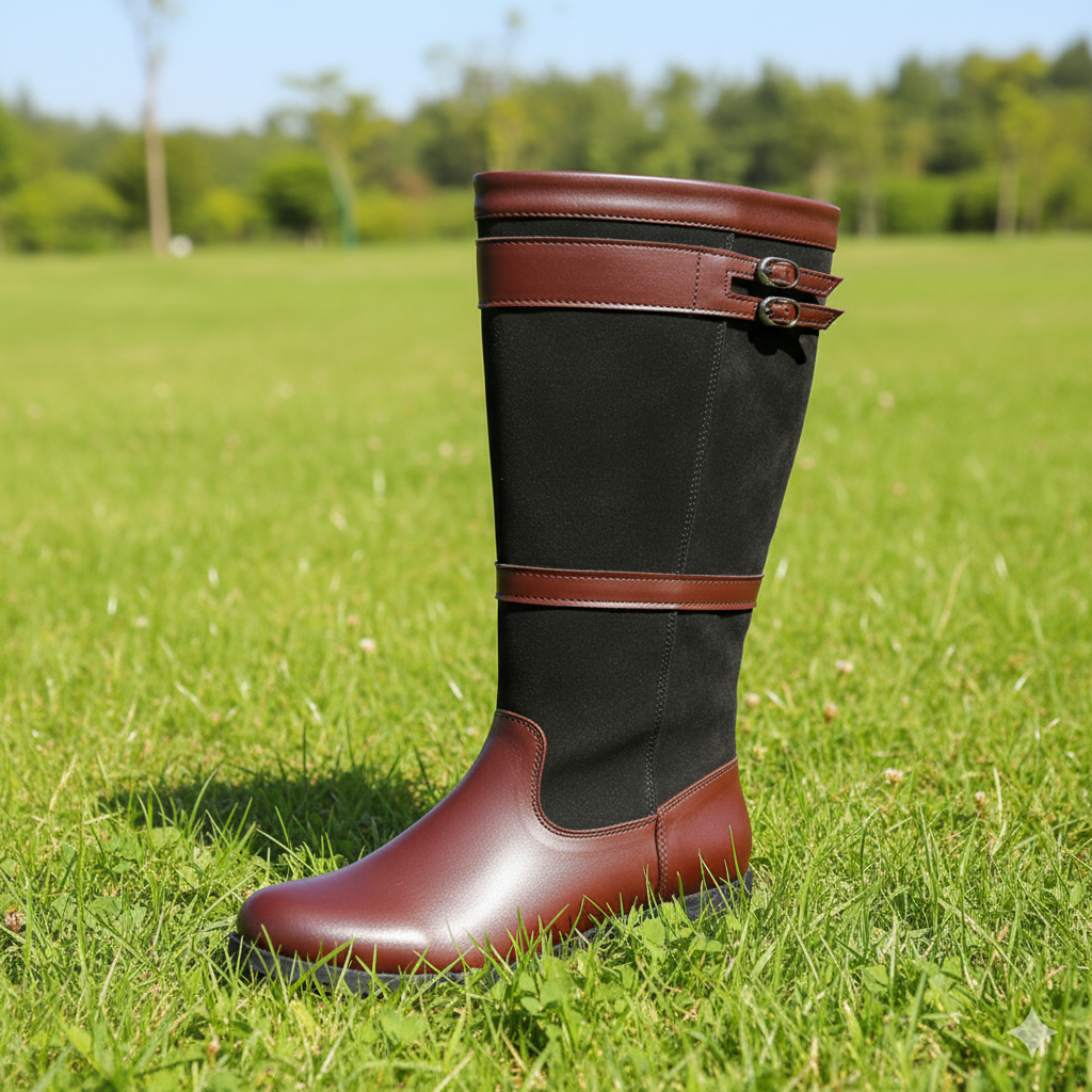 GR | High-shaft outdoor boots with buckles - leather rain boots for women