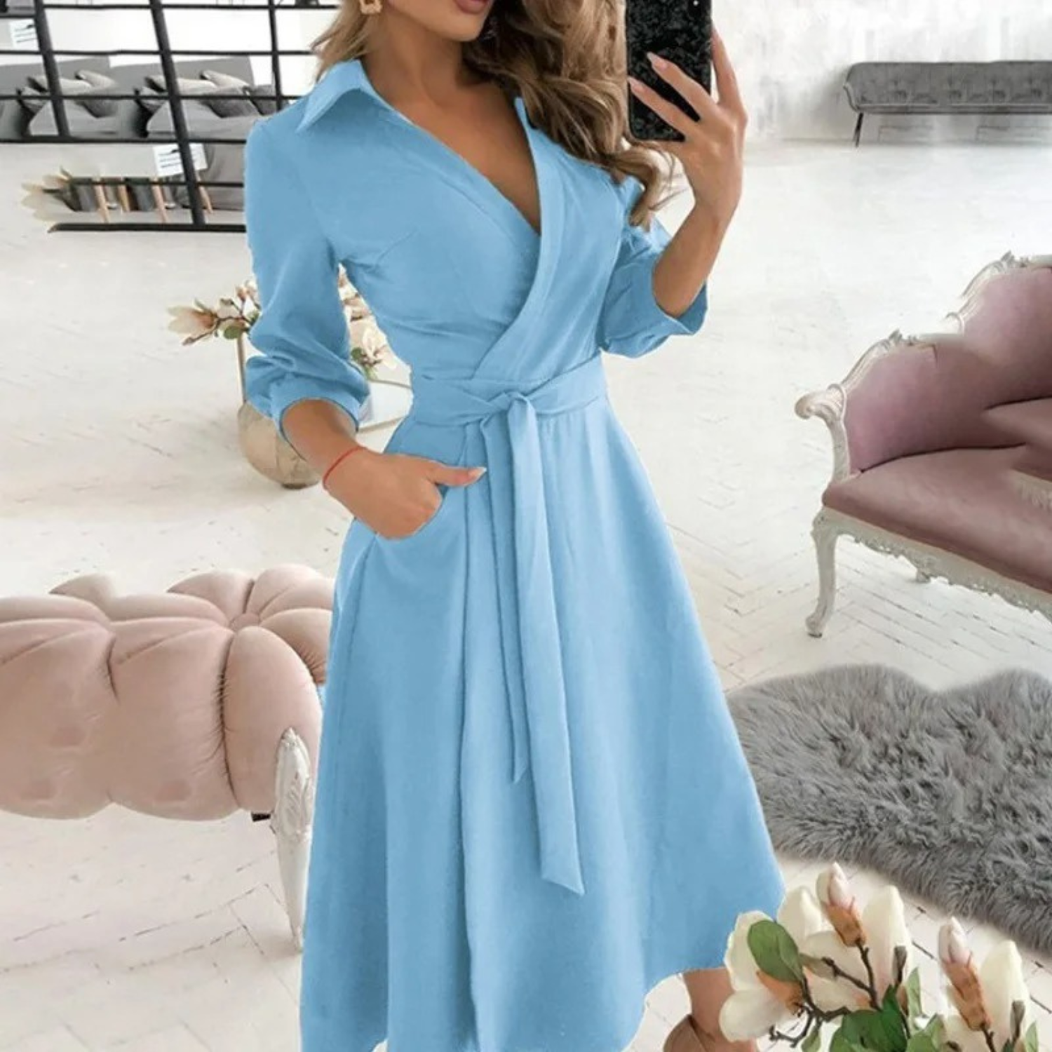 GR | Lined lapel belt comfortable shirt dress