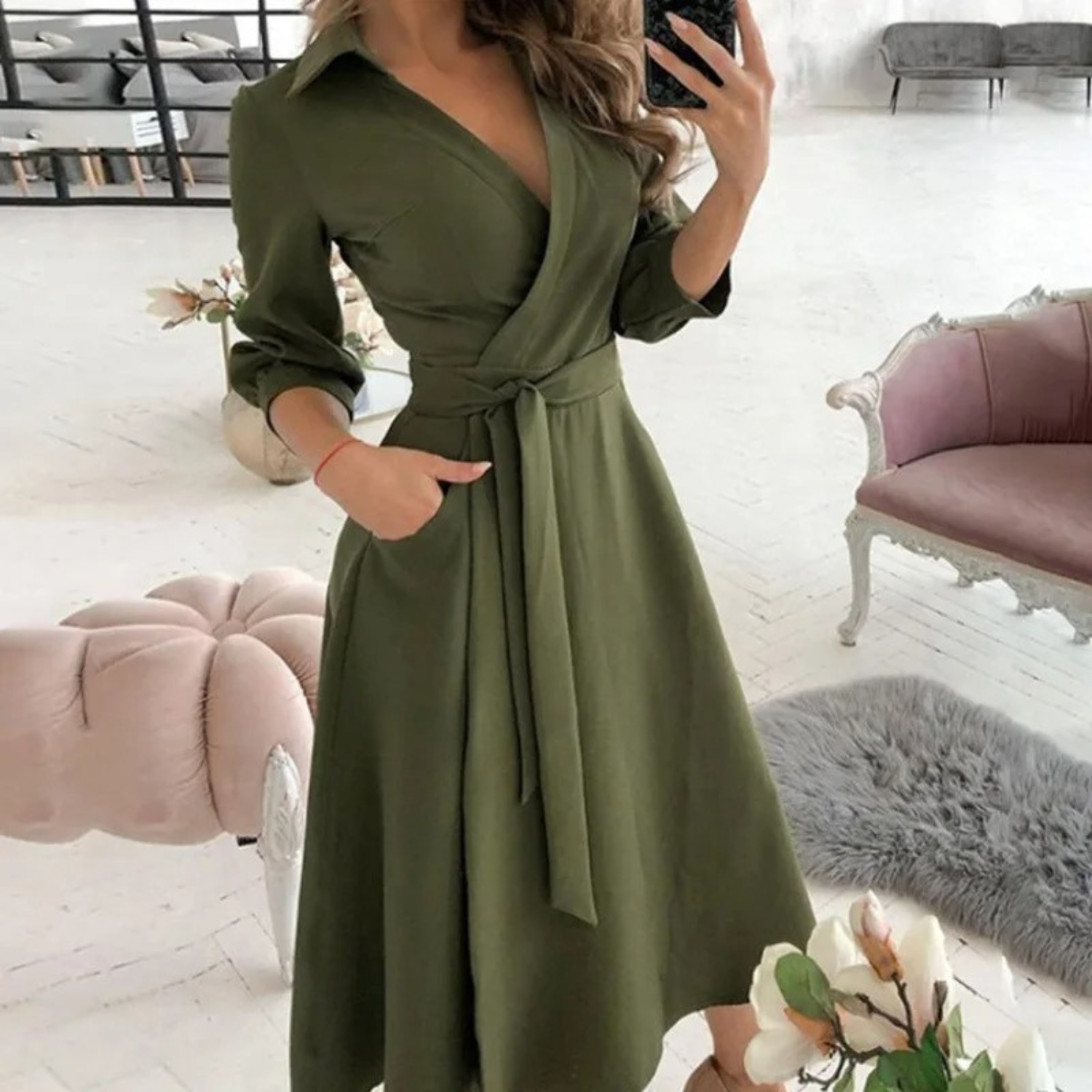 GR | Lined lapel belt comfortable shirt dress