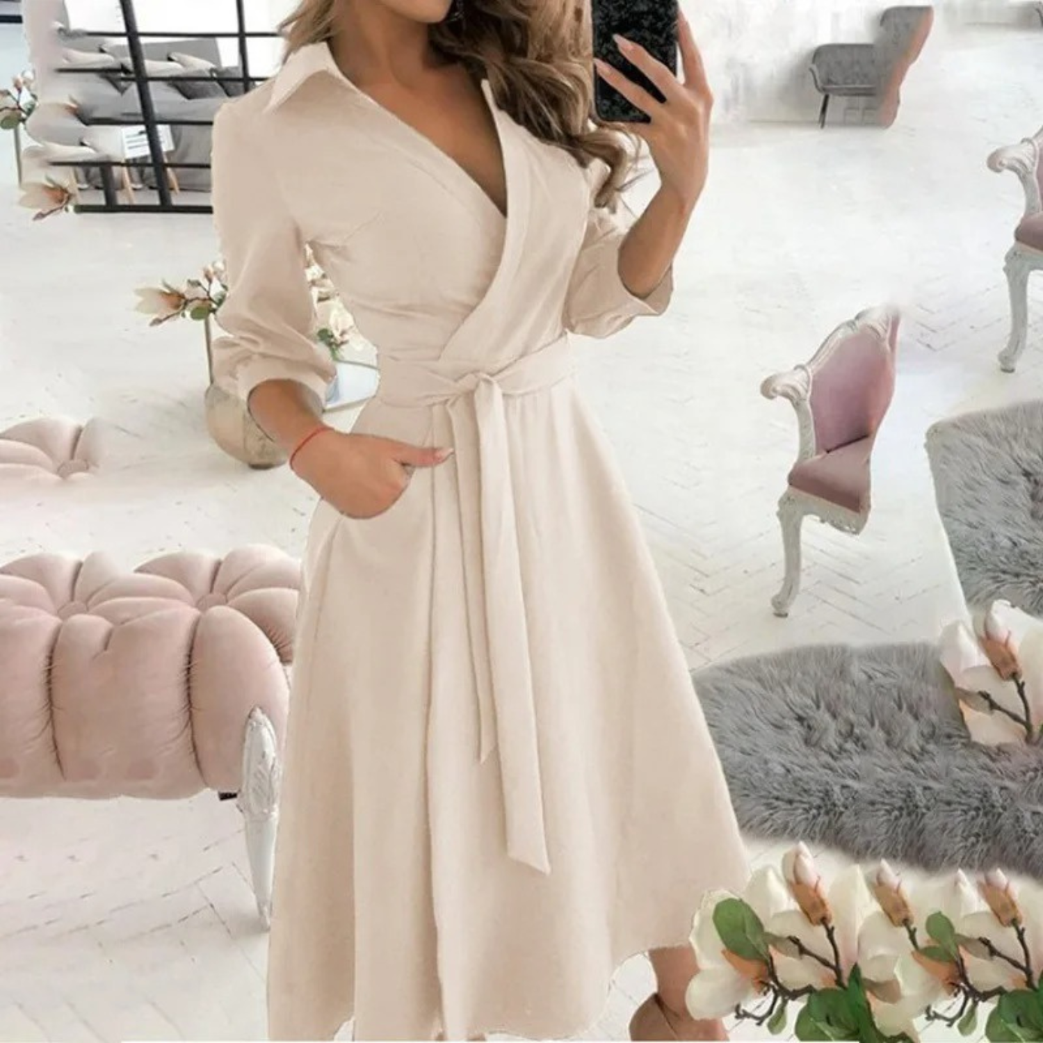GR | Lined lapel belt comfortable shirt dress
