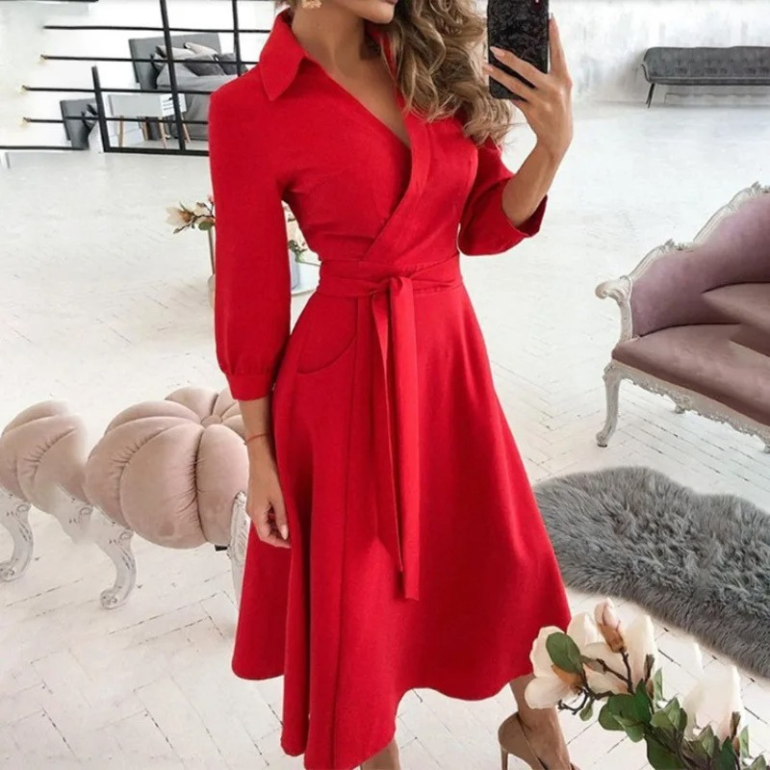 GR | Lined lapel belt comfortable shirt dress