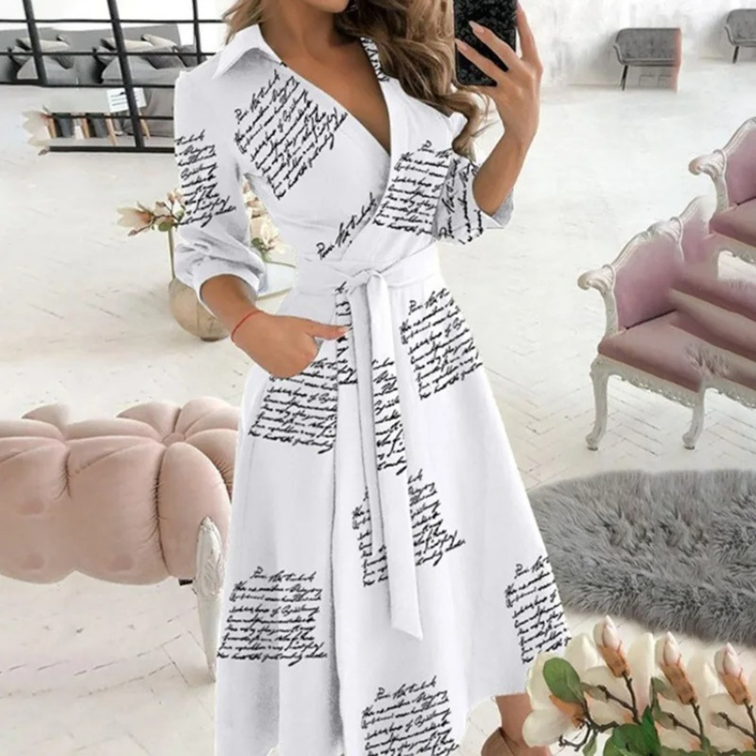 GR | Lined lapel belt comfortable shirt dress