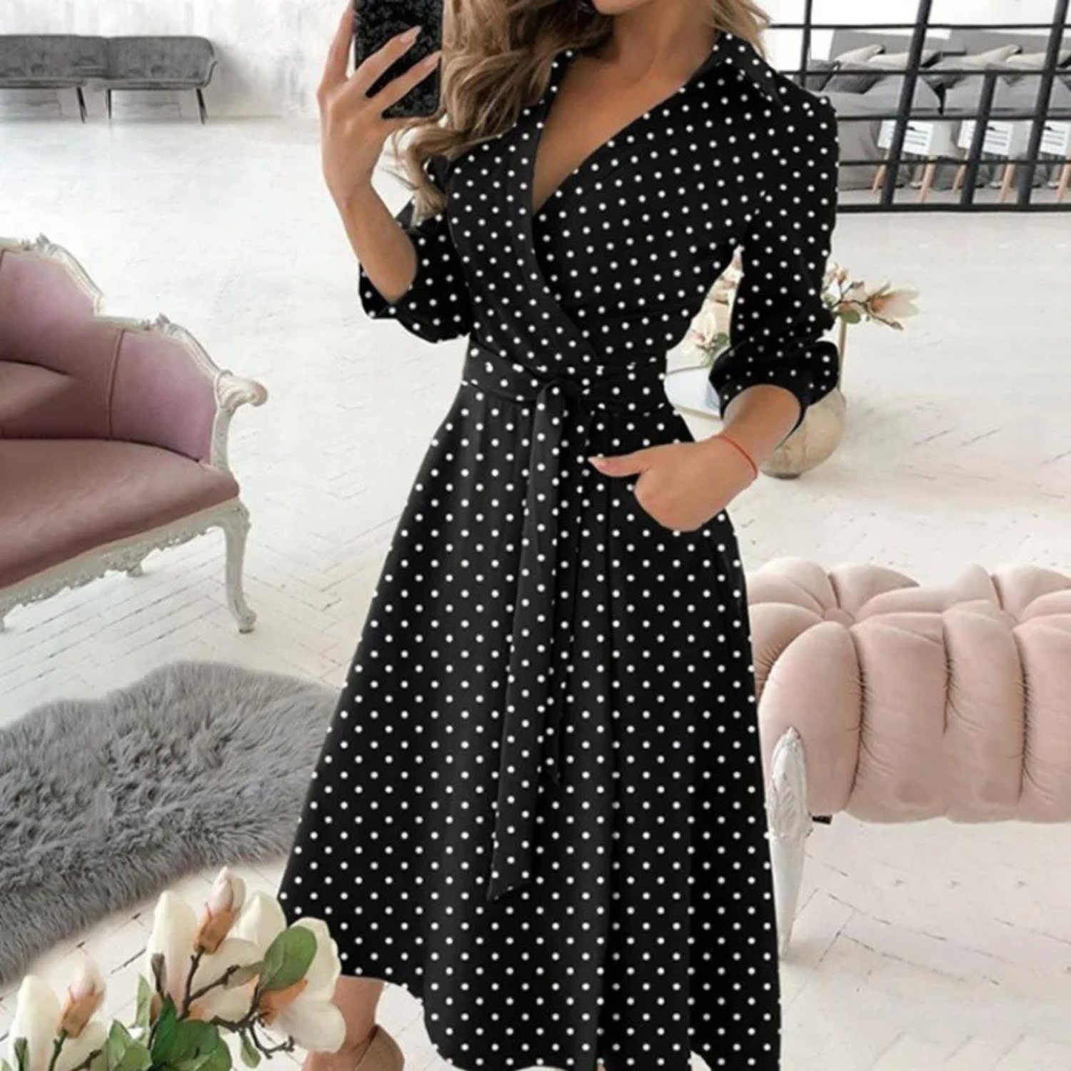 GR | Lined lapel belt comfortable shirt dress