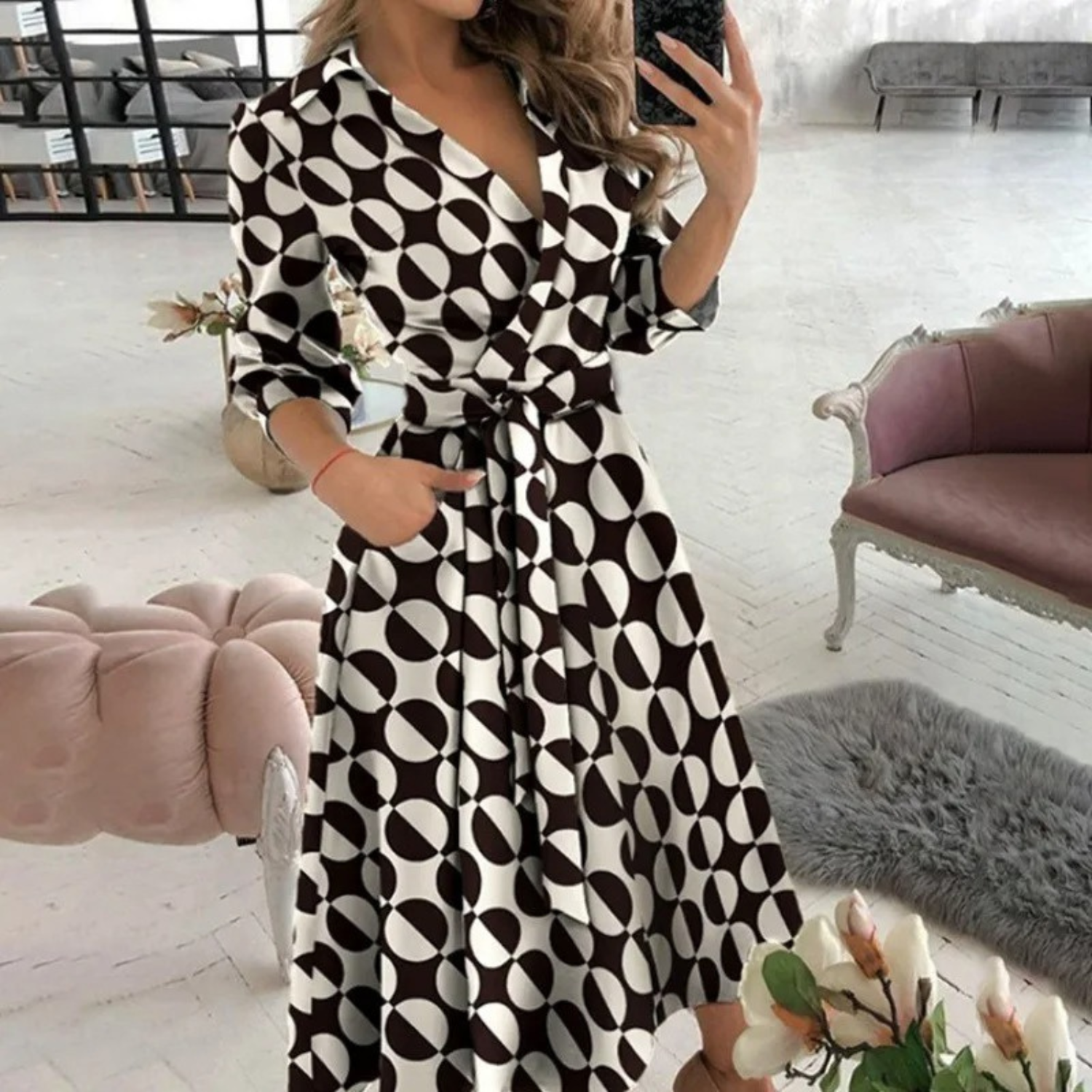 GR | Lined lapel belt comfortable shirt dress