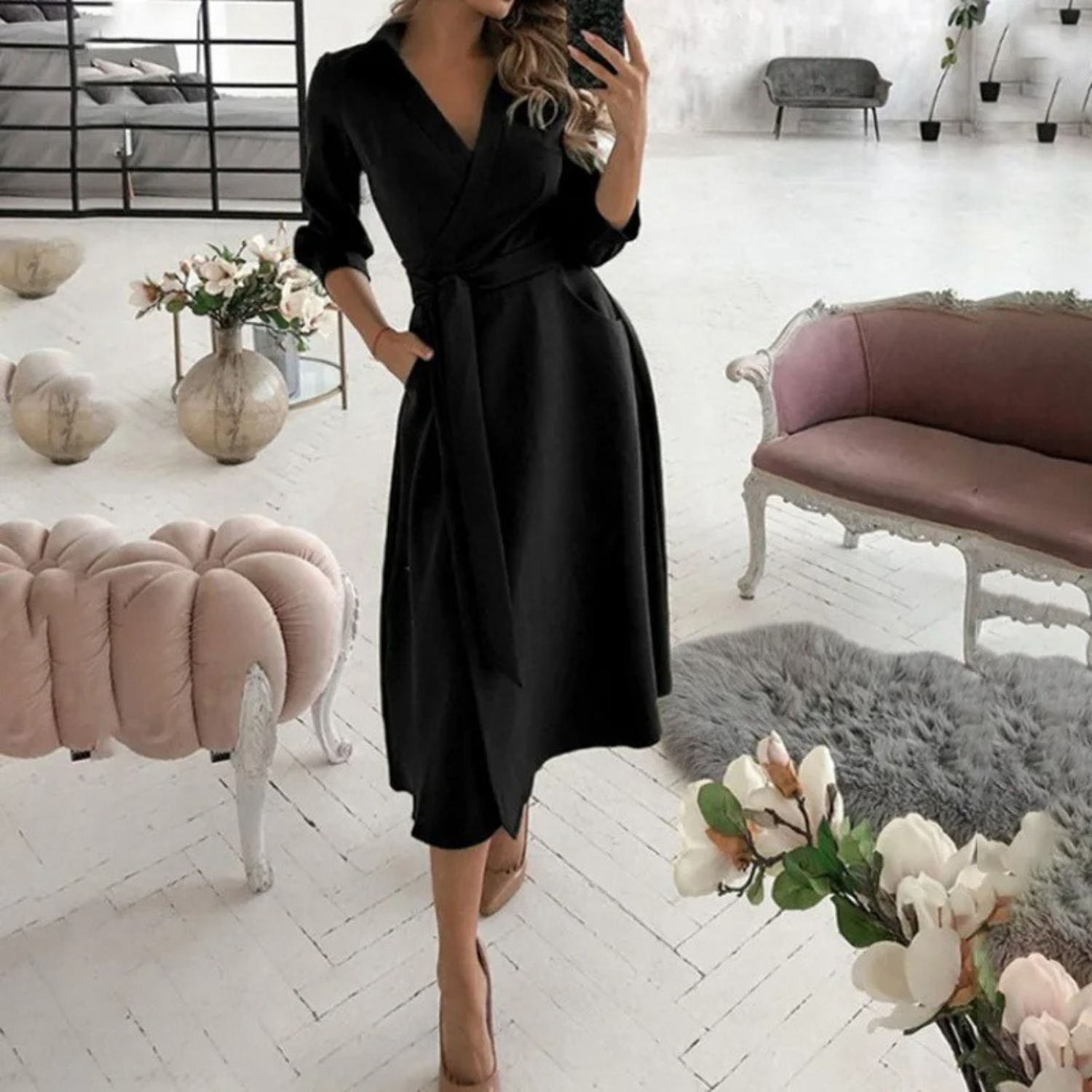 GR | Lined lapel belt comfortable shirt dress