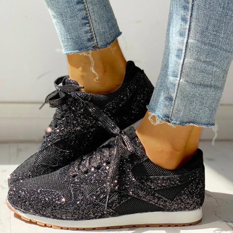 GR | Glitter Mesh Lace-up Platform Comfort Vulcanized Sneakers
