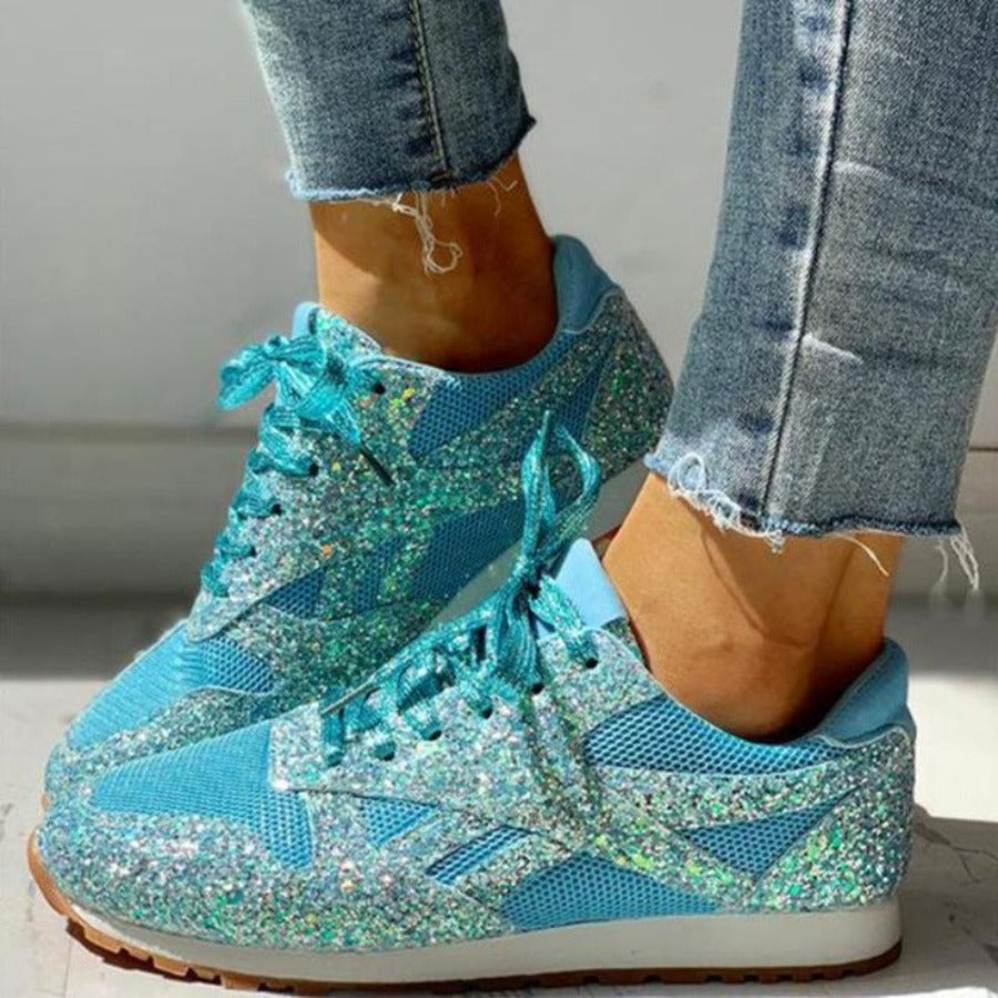 GR | Glitter Mesh Lace-up Platform Comfort Vulcanized Sneakers