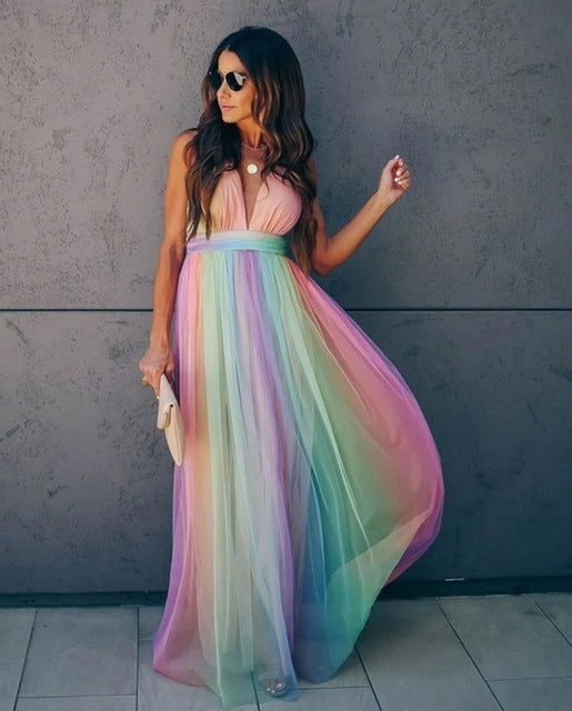 GR | Regenbogen Spaghettiträger Damenkleid
