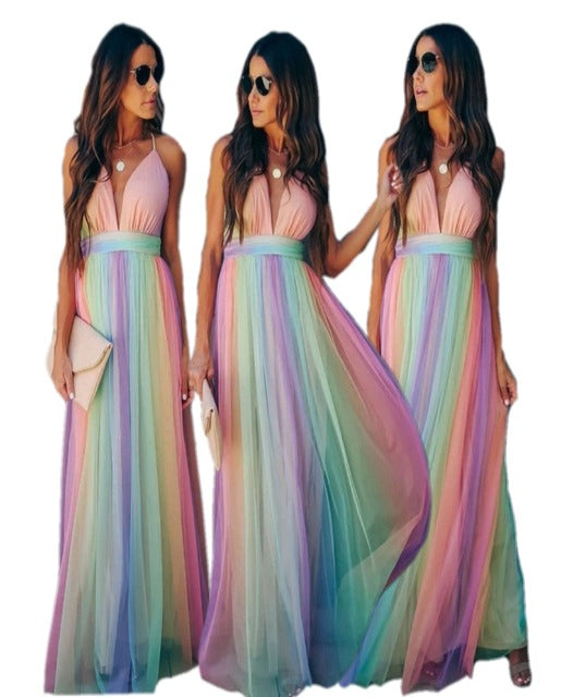 GR | Regenbogen Spaghettiträger Damenkleid