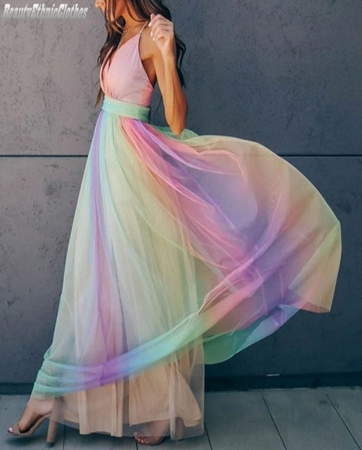 GR | Regenbogen Spaghettiträger Damenkleid