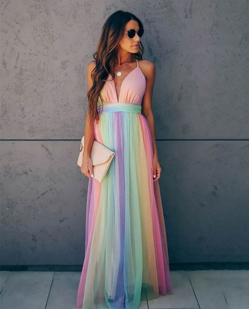 GR | Regenbogen Spaghettiträger Damenkleid
