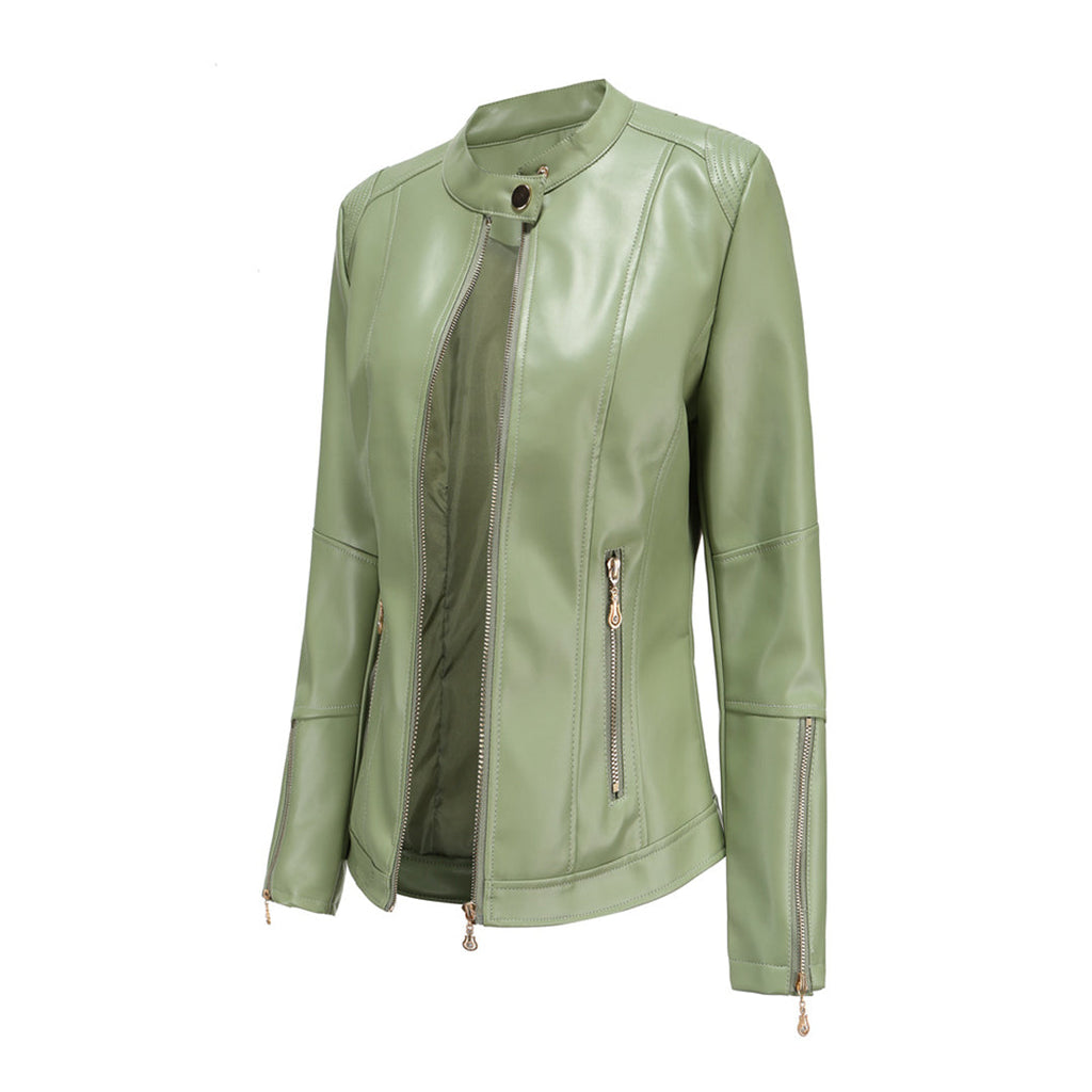 GR | Elegant leather jacket with round neck and button closure for women
