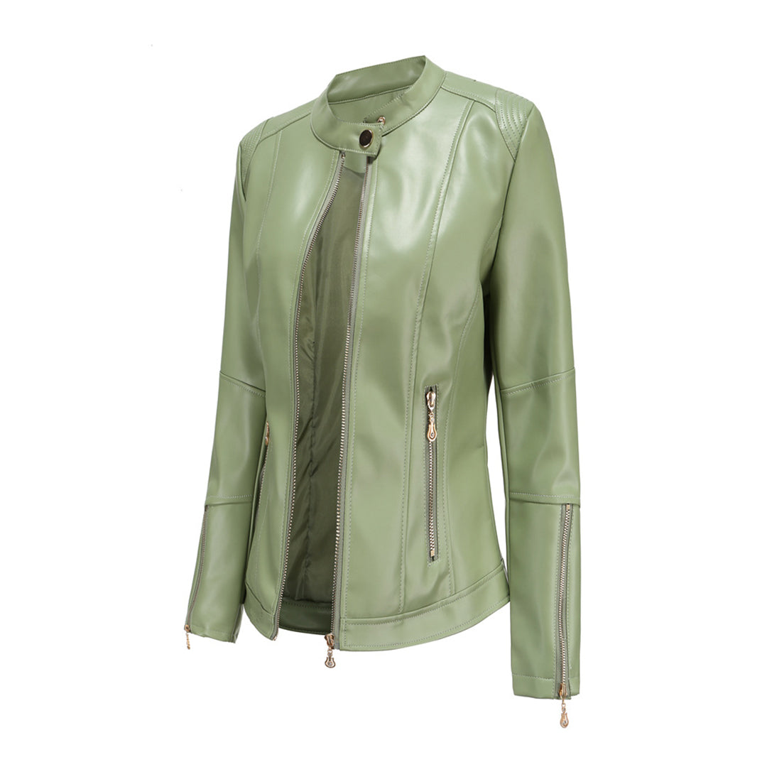 GR | Elegant leather jacket with round neck and button closure for women