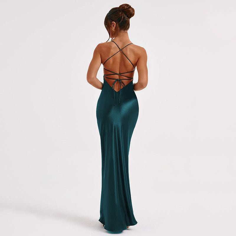 GR | Spaghetti strap dress in silky material with maxi hem