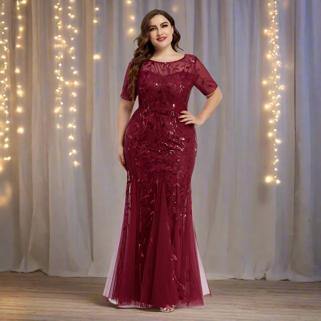 GR | Women's Plus Size Evening Dress with Sequins and Mesh Embroidery in Mermaid Style