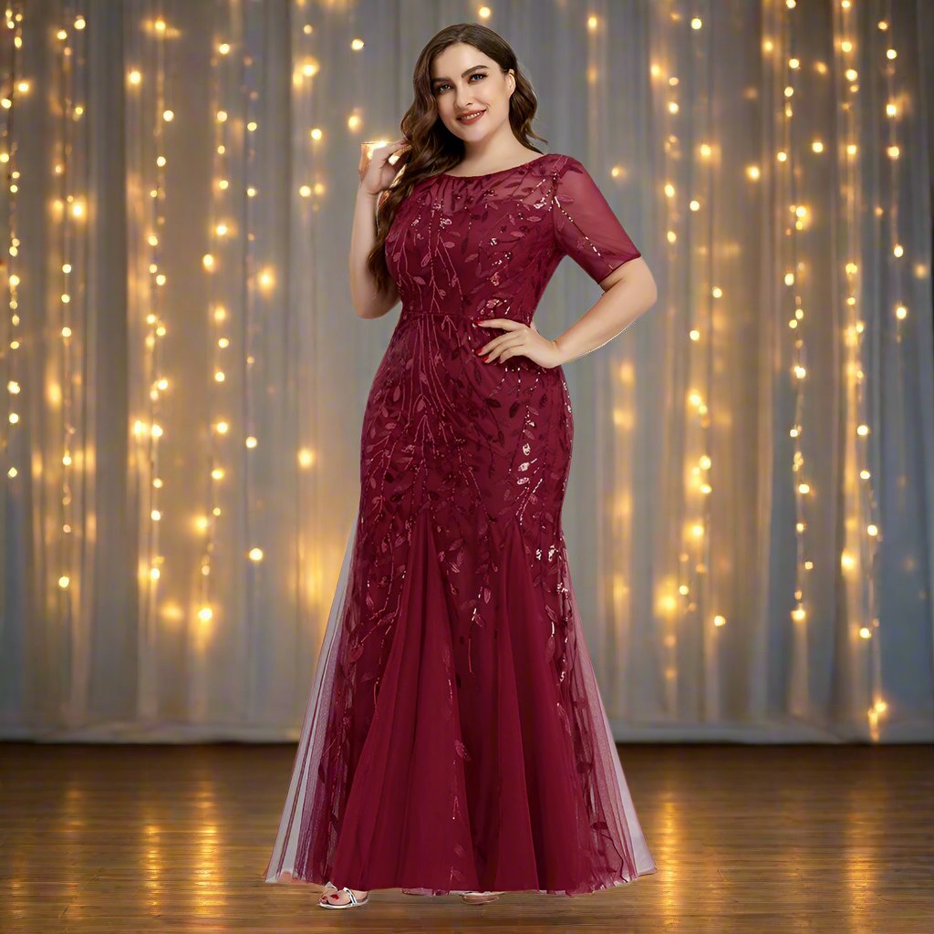 GR | Women's Plus Size Evening Dress with Sequins and Mesh Embroidery in Mermaid Style