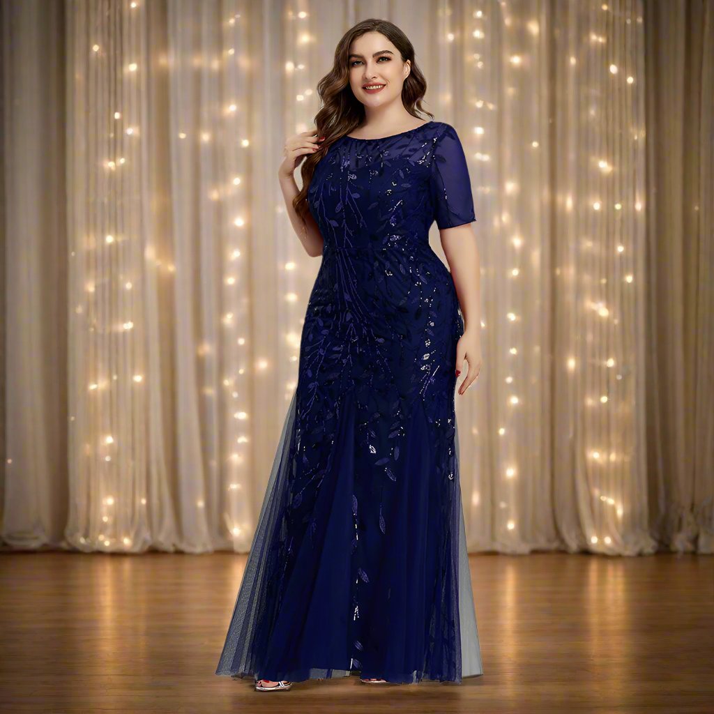 GR | Women's Plus Size Evening Dress with Sequins and Mesh Embroidery in Mermaid Style