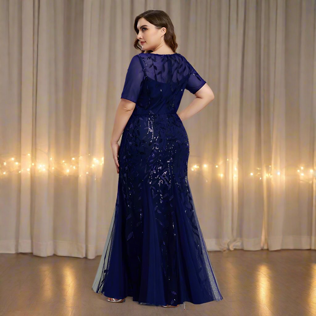 GR | Women's Plus Size Evening Dress with Sequins and Mesh Embroidery in Mermaid Style