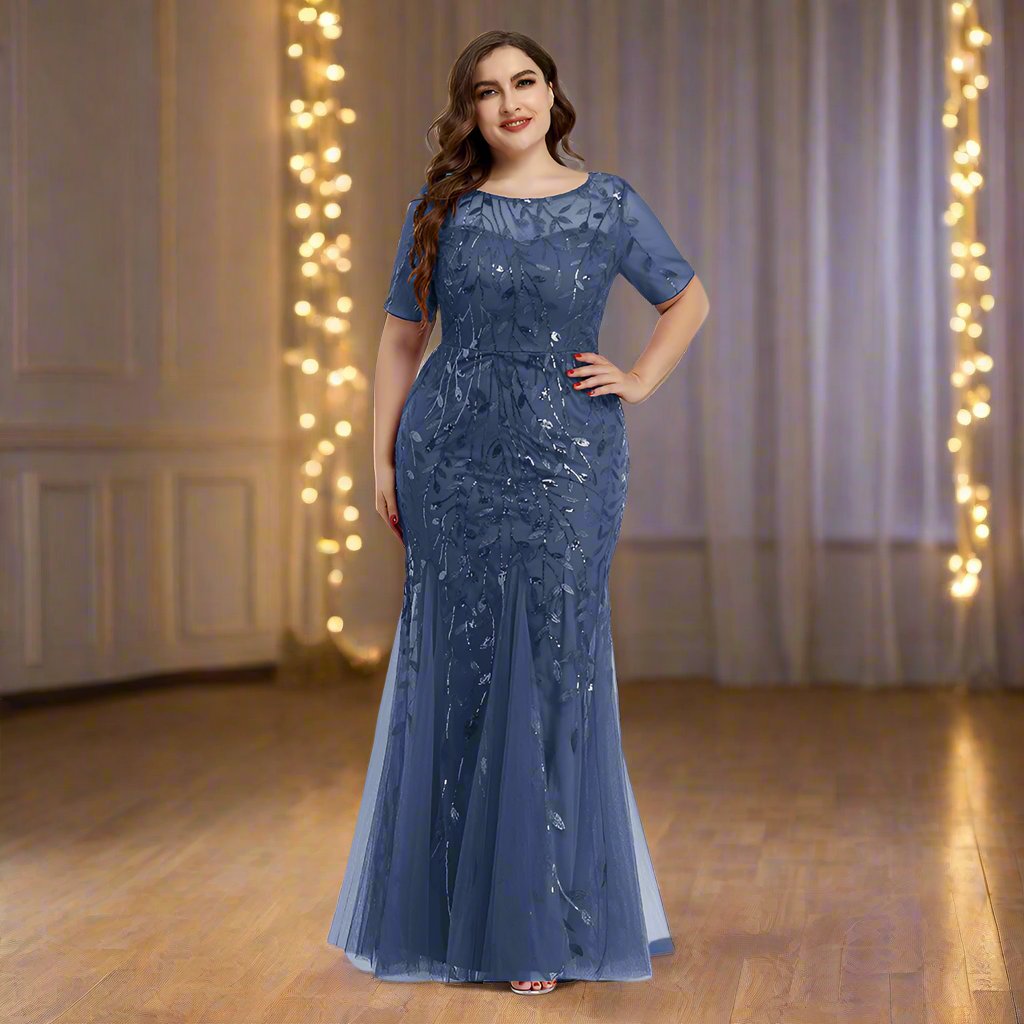 GR | Women's Plus Size Evening Dress with Sequins and Mesh Embroidery in Mermaid Style