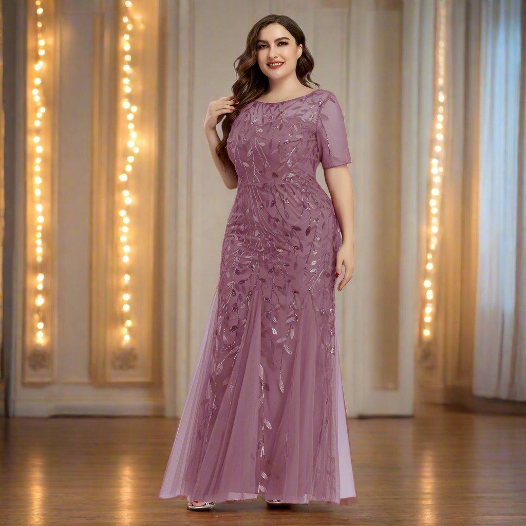 GR | Women's Plus Size Evening Dress with Sequins and Mesh Embroidery in Mermaid Style