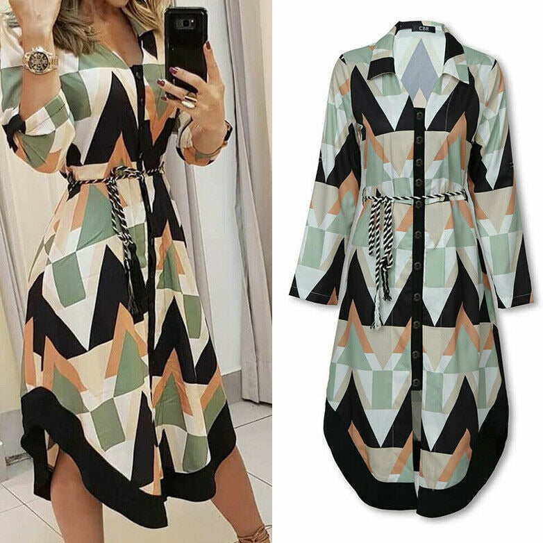 GR Wellen-Druck Lange Ärmel Kleid