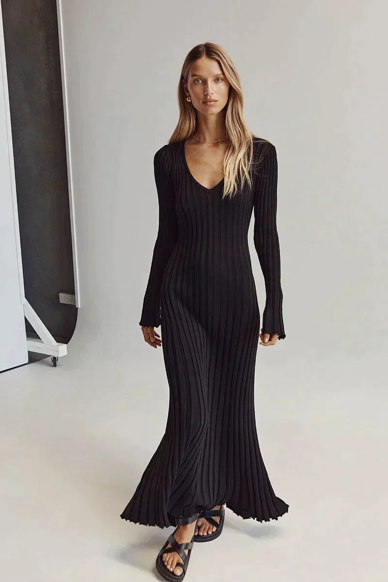 GR Strickkleid | Modernes Langarm-Damenkleid mit V-Ausschnitt