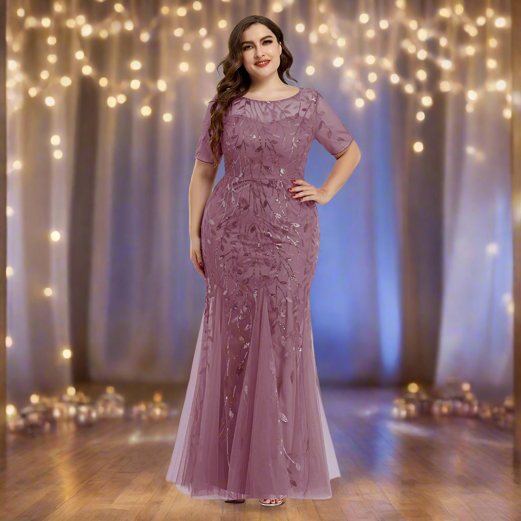 GR | Women's Plus Size Evening Dress with Sequins and Mesh Embroidery in Mermaid Style