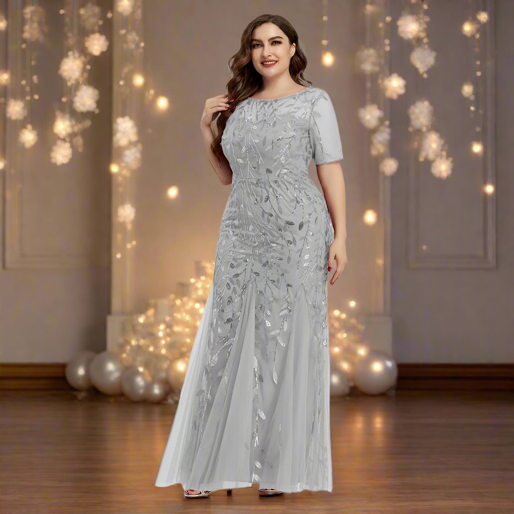 GR | Women's Plus Size Evening Dress with Sequins and Mesh Embroidery in Mermaid Style