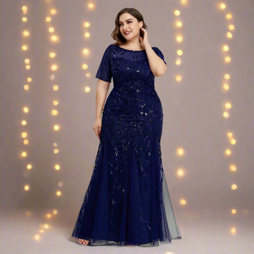 GR | Women's Plus Size Evening Dress with Sequins and Mesh Embroidery in Mermaid Style