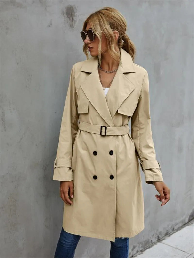 GR | Women's Casual Trench Coat with Double Button Placket and Notched Lapel Collar