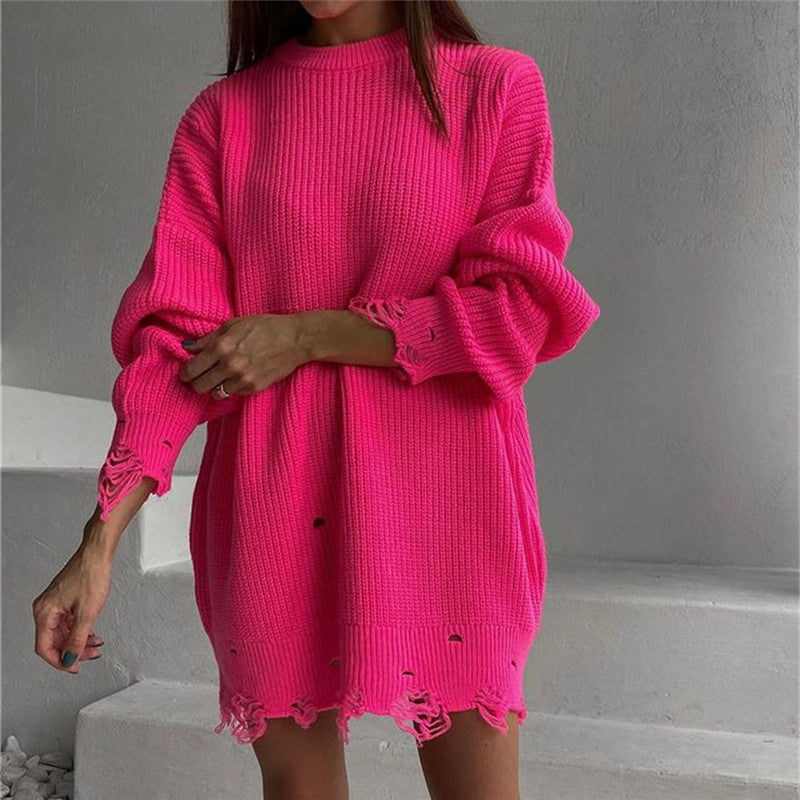 GR Ripped O Neck Oversized Sweater Kleid