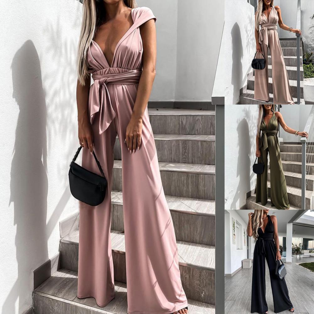GR | Elegant sleeveless jumpsuit with deep V-neck, waistband and wide leg