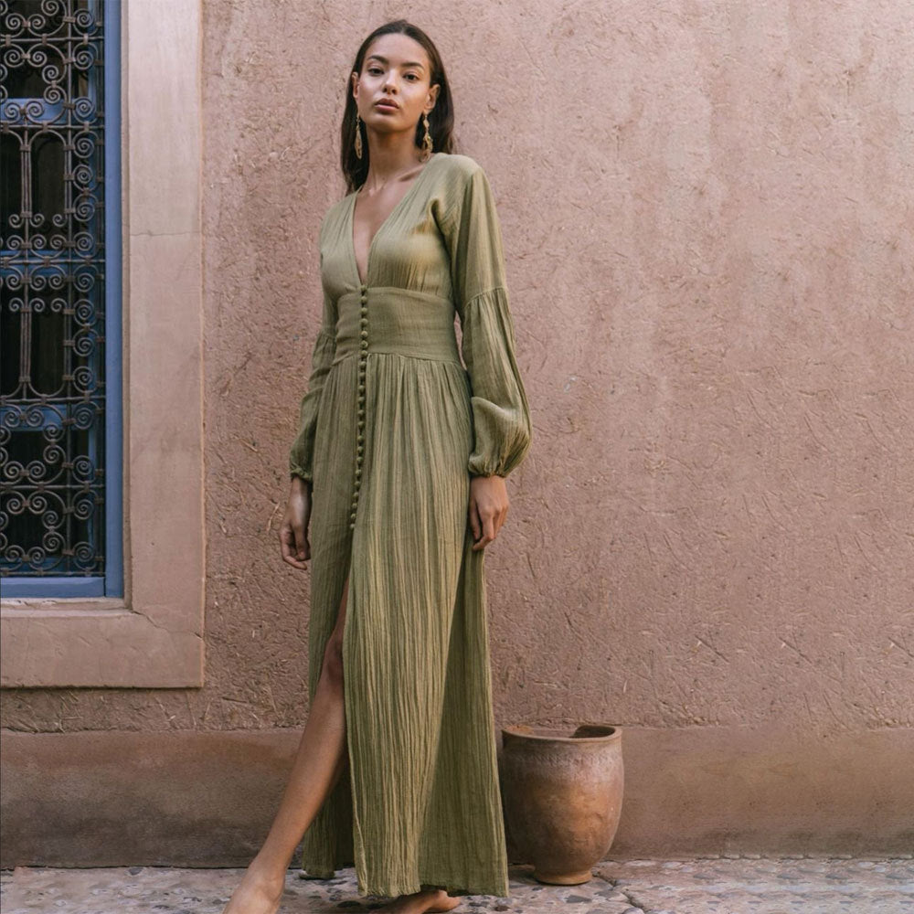 GR | Laternenärmel Langes Splitkleid