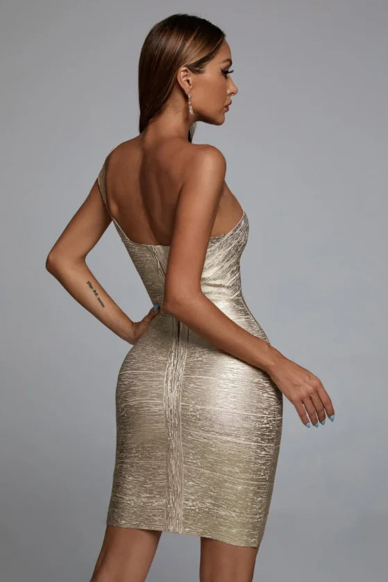 GR | Celebrity One Shoulder Foil Gold Print Rayon Bandage Dress Elegant Club Party Dress Vestidos