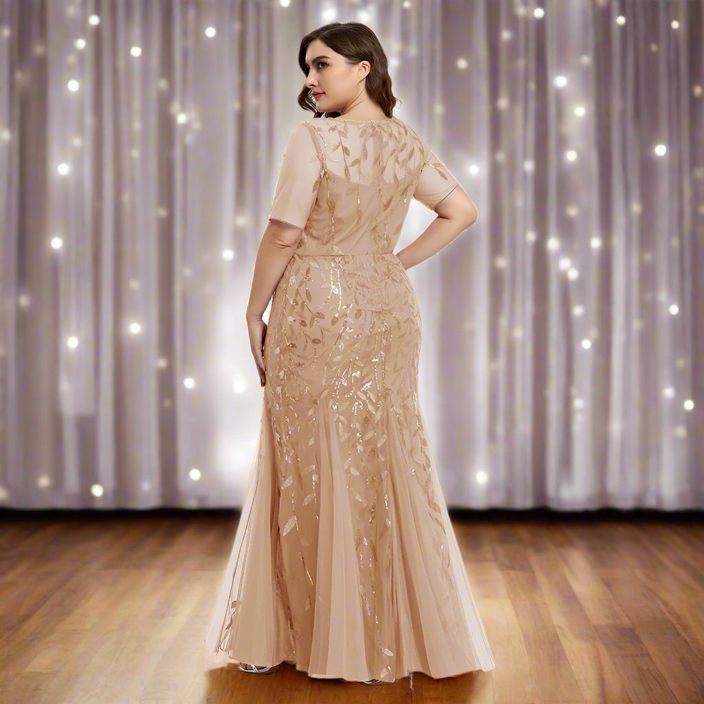 GR | Women's Plus Size Evening Dress with Sequins and Mesh Embroidery in Mermaid Style