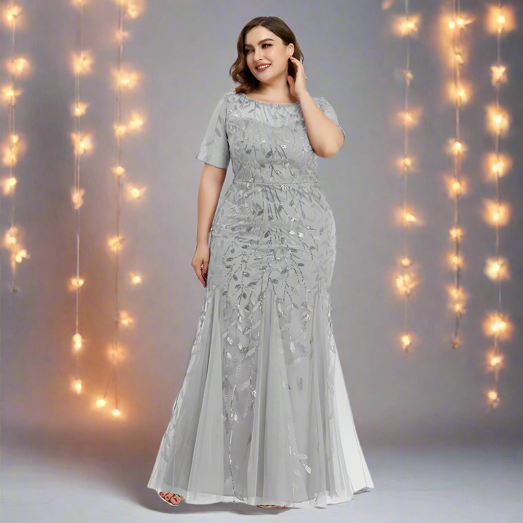 GR | Women's Plus Size Evening Dress with Sequins and Mesh Embroidery in Mermaid Style