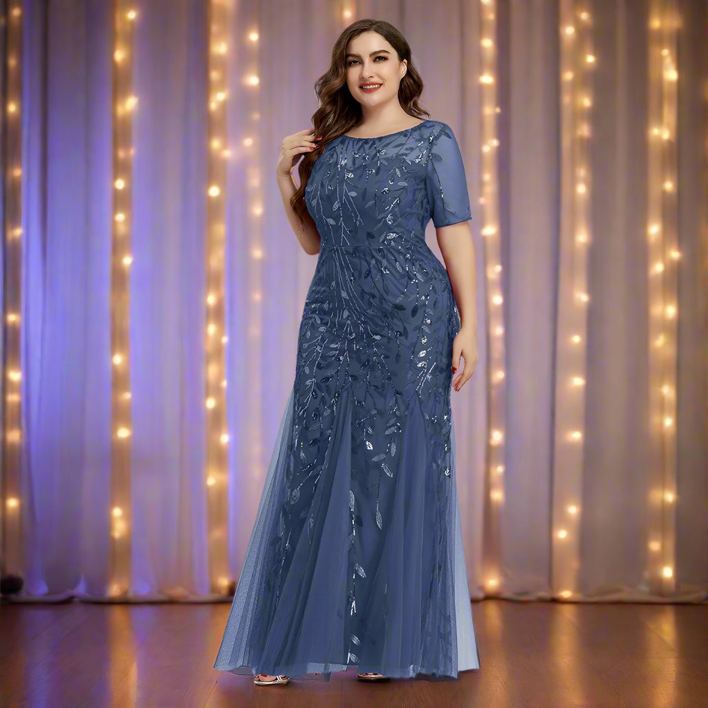 GR | Women's Plus Size Evening Dress with Sequins and Mesh Embroidery in Mermaid Style
