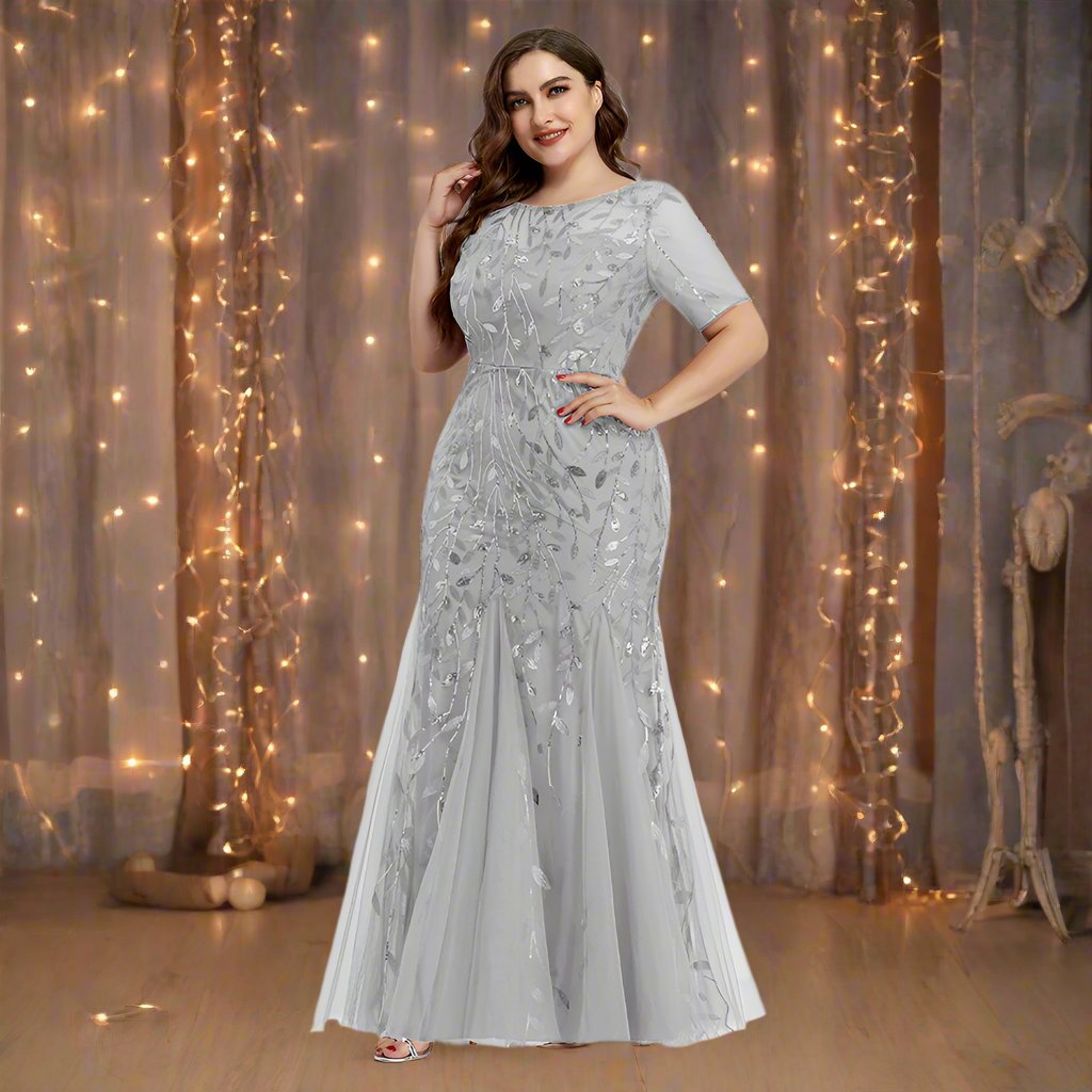 GR | Women's Plus Size Evening Dress with Sequins and Mesh Embroidery in Mermaid Style