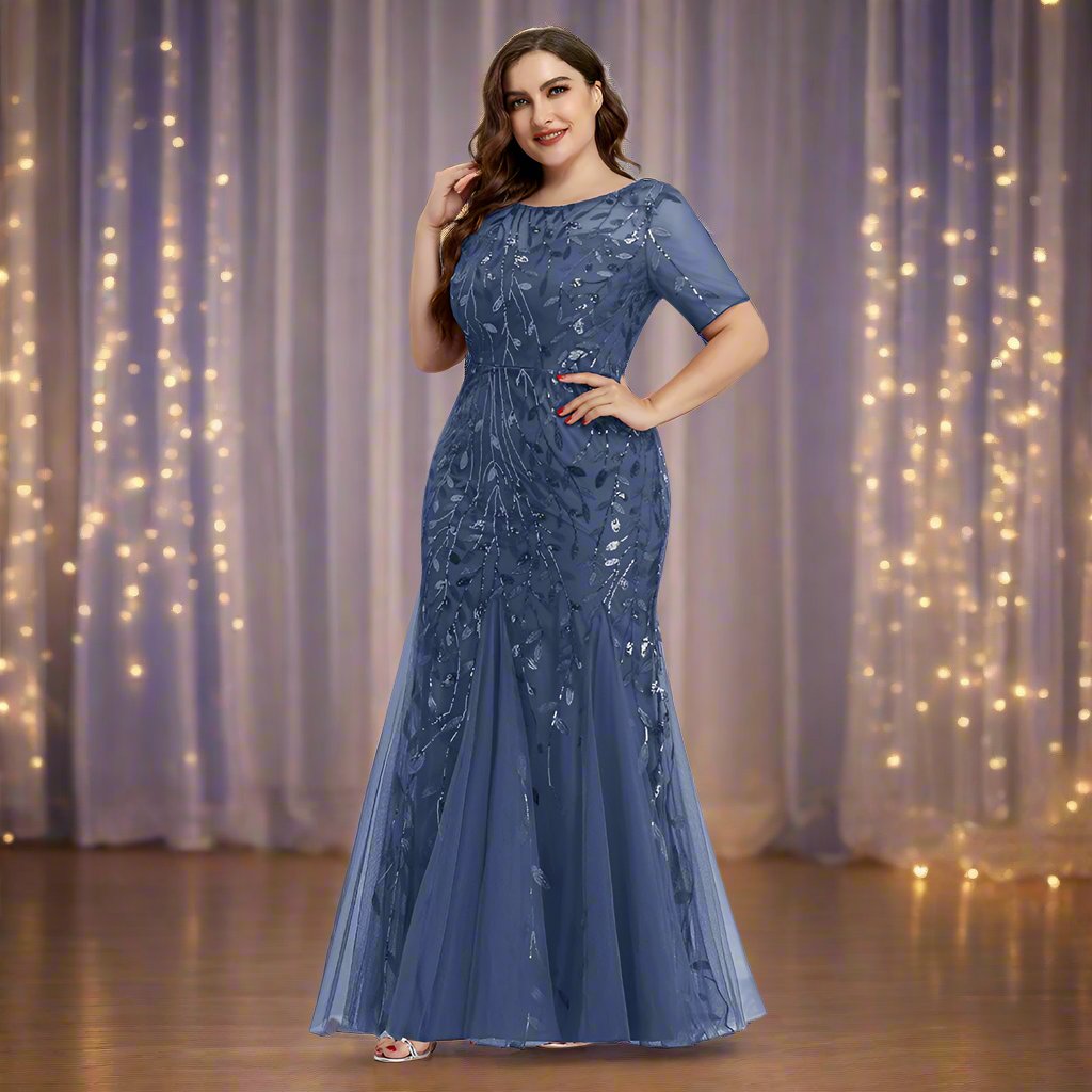 GR | Women's Plus Size Evening Dress with Sequins and Mesh Embroidery in Mermaid Style