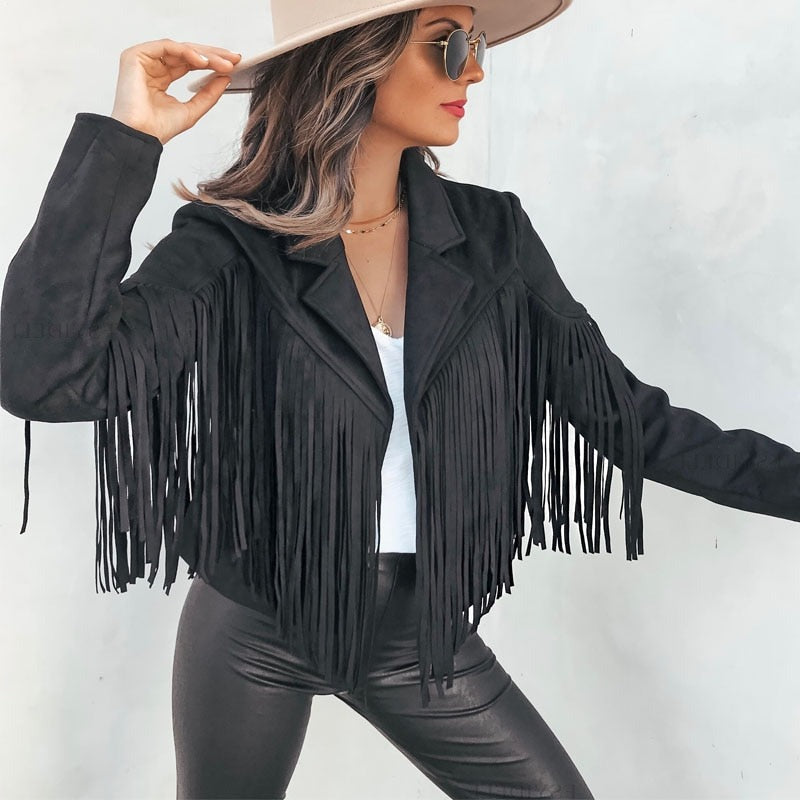 GR | moka leather motorcycle jacket with cowboy fringe